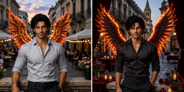 Side-by-side comparison of the same winged male character. On the left, he wears a light shirt in a bright outdoor café setting. On the right, he wears a dark shirt in a candlelit setting with red roses, dark curtains, and a more dramatic romantic atmosphere.