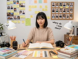 Nomi at a desk of art supplies