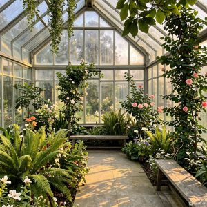 V5 No-human example prompt: A grand glass greenhouse filled with lush ferns, climbing roses, and hanging vines glows in soft golden morning light. Condensation beads on the glass panes while tiny droplets sparkle in the air. Sunlight filters through the leaves, casting layered shadows across stone pathways and wooden benches. The atmosphere is peaceful, warm, and dreamlike, with no people or animals present.