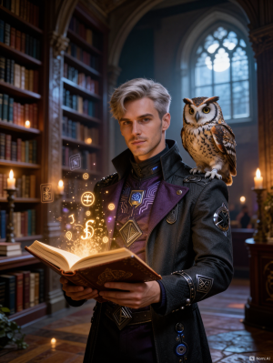 V5 prompt example: A man stands inside an enormous ancient library, holding an open leather-bound book as glowing golden symbols rise from its pages. He looks directly at the viewer. A small owl perches on his shoulder, watching the magic unfold. He wears layered fantasy-mage clothing fused with cyber-librarian design: a fitted charcoal long coat with a high collar, deep violet and plum layers, metallic fasteners, embroidered arcane circuitry, geometric paneling, and subtle luminous details. His look is scholarly, elegant, futuristic, and magical. Towering bookshelves disappear into shadow above him as floating candles, drifting dust, and faint holographic glyphs fill the air. Viewed from a slightly low angle. Warm candlelight illuminates his face, hands, and owl while cool moonlight filters through tall arched windows. The atmosphere is mysterious and enchanted, with rich shadows, soft haze, and a sense of forbidden knowledge being carefully catalogued.