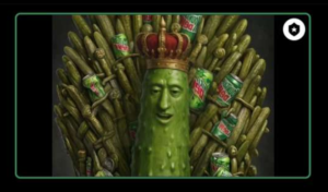cardine, a pickle king, sits on a throne made of smaller pickles and cans of Mountain Dew